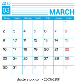 March 2015 calendar vector design template. Simple blank calendar illustration.