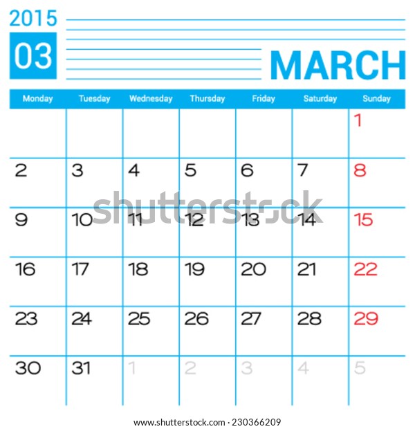 March 15 Calendar Vector Design Template Stock Vector Royalty Free