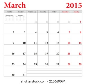 March 2015 Planning Calendar Weeks Start Stock Vector (Royalty Free ...