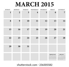 March 2015 -planning calendar. Weeks start on Sunday.