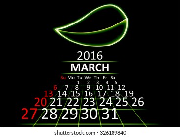 March 2016 calendar dark technology 3d style abstract background. Vector Illustration.