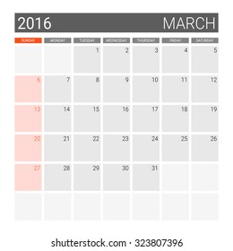 March 2016 calendar (or desk planner), weeks start from Sunday