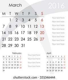 March 2016 Calendar - week starts with Monday, vector illustration.