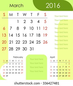 March 2016 Calendar - week starts with Sunday, vector illustration.