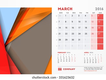 March 2016. Desk Calendar for 2016 Year. Vector Stationery Design Template with Material Design Abstract Background, Company Logo and Contact Information. Week Starts Monday