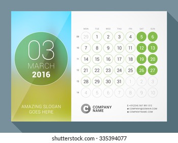 March 2016. Desk Calendar for 2016 Year. Vector Design Print Template with Place for Photo and Circles. Week Starts Monday. Calendar Grid with Week Numbers