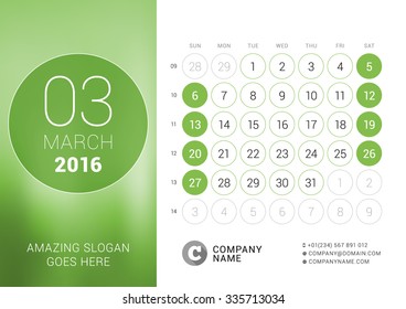 March 2016. Desk Calendar for 2016 Year. Vector Design Print Template with Place for Photo and Circles. Week Starts Sunday. Calendar Grid with Week Numbers