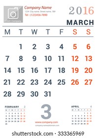 March 2016. Desk and Wall Monthly Calendar for 2016 Year. Vector Design Print Template with Place for Photo logo and description company. Week Starts Monday. Portrait Orientation