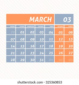 March 2016 Flat Calendar Design - Week Starts Sunday