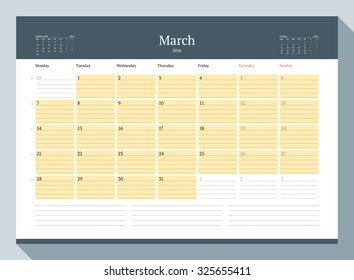 March 2016. Monthly Calendar Planner for 2016 Year. Vector Design Print Template. Week Starts Monday