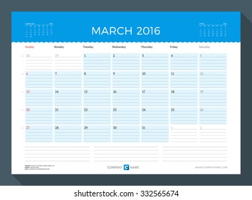 March 2016. Monthly Calendar Planner for 2016 Year. Vector Design Print Template. Week Starts Sunday