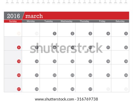 March 2016 planning calendar
