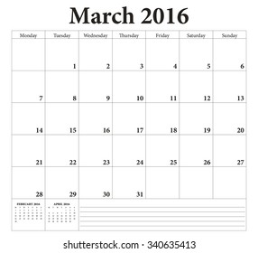 March 2016 -planning calendar. Weeks start on Monday.