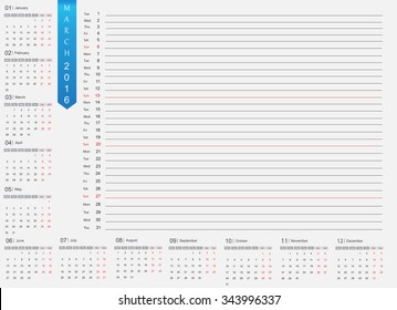 March 2016 planning calendar.Vector illustration.