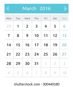 March 2016. Simple european calendar for 2016 year - one month grid. Clean and neat. Only plain colors - easy to recolor. Vector illustration.