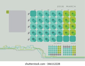 March 2016 vector calendar. Previous and next month included.