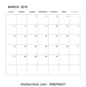 March 2016 - Vector calendar template design for planning. Week start from Sunday.