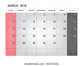 March 2016 - Vector calendar template design for planning. Week start from Sunday.