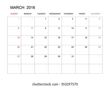 March 2016 - Vector calendar template design for planning. Week start from Sunday.