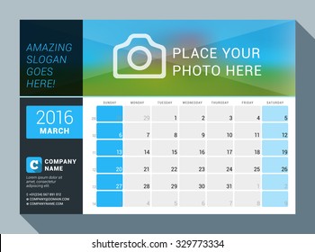 March 2016. Vector Design Print Calendar Template for 2016 Year. Place for Photo, Logo and Contact Information. Week Starts Sunday. Calendar Grid with Week Numbers and Place for Notes