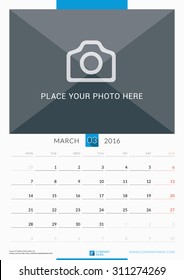 March 2016. Wall Monthly Calendar for 2016 Year. Vector Design Print Template with Place for Photo. Week Starts Monday. Portrait Orientation