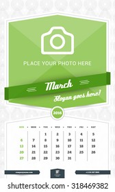 March 2016. Wall Monthly Calendar for 2016 Year. Vector Design Print Template with Place for Photo and Pattern Background. Week Starts Sunday