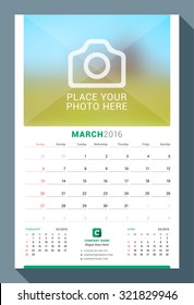 March 2016. Wall Monthly Calendar for 2016 Year. Vector Design Print Template with Place for Photo. Week Starts Sunday. 3 Months on Page