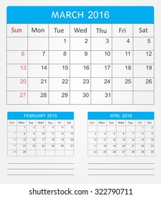 March 2016.Planning calendar for march 2016.Vector illustration.
