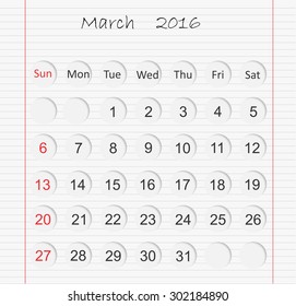 March 2016.Planning calendar for march 2016.Vector template.