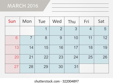 March 2016.Planning calendar for march 2016.Vector template.