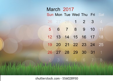 March 2017 - Abstract calendar with light blur bokeh background. Vector illustration.