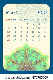 March 2017 Calendar decorated with circular flower mandala. Vector illustration