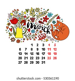 March. 2017. Calendar. Isolated vector object on white background.