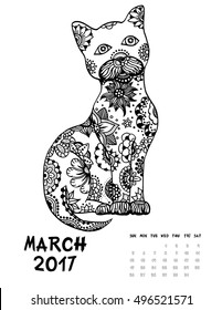March, 2017 calendar. Line Art Black and white Illustration. Cat. Print anti-stress coloring page.