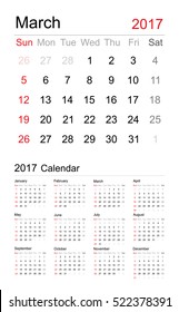 March 2017 - Calendar on white background. Vector EPS10.
