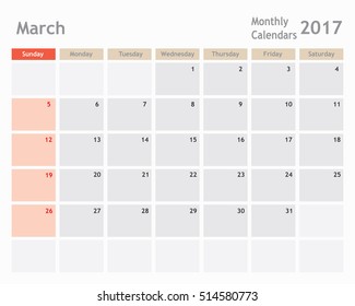 March 2017 calendar planner, monthly calendar, vector illustrator