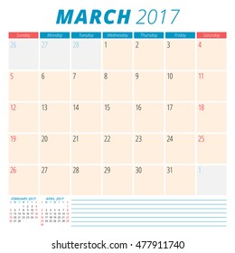 March 2017. Calendar Planner for 2017 Year. Week Starts Sunday. Stationery Design. 3 Months on Page. Vector Calendar Template