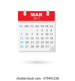 March 2017. Calendar vector illustration with shadow