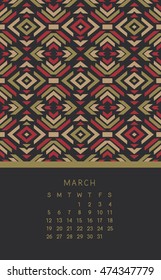March 2017 calendar. Week starts from Sunday. Vector illustration. 