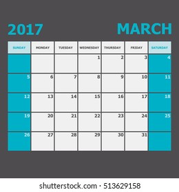 March 2017 calendar week starts on Sunday, stock vector