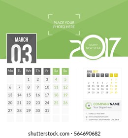 March 2017. Calendar for 2017 Year. 2 Months on Page. Vector Design. Template with Place for Photo and Company Logo
