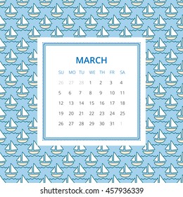 March 2017. One month calendar vector template in a page, square format. Hand drawn seamless pattern on background. Week starts on Sunday. Blue and white colors