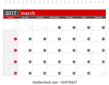 March 2017 planning calendar