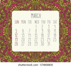 March 2017 vector calendar over pink and green lacy doodle hand drawn background, week starting from Sunday.