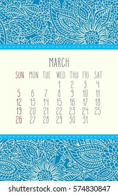 March 2017 vector calendar over lacy blue doodle hand drawn background, week starting from Sunday.