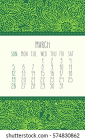 March 2017 vector calendar over green lacy doodle hand drawn background, week starting from Sunday.