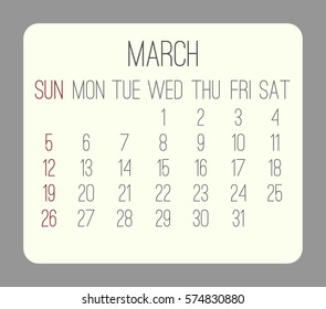 March 2017 vector calendar. Week starting from Sunday. Beige rounded rectangle over gray background.