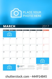 March 2017. Wall Calendar Planner Template for 2017 Year. Vector Design Print Template with Place for Photo and Notes. Week Starts Monday. 3 Months on Page