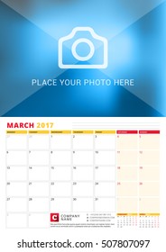 March 2017. Wall Calendar Planner for 2017 Year. Vector Print Template with Place for Photo. Week Starts Monday. 3 Months on Page