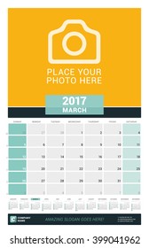March 2017. Wall Monthly Calendar for 2017 Year. Vector Design Print Template with Place for Photo and Year Calendar. Week Starts Sunday